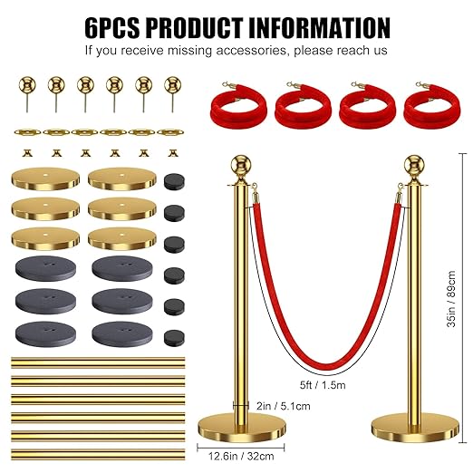 kaiyomi 6Pcs Stanchions with Red Velvet Ropes Set, 5 Feet Velvet Ropes and - Image 2