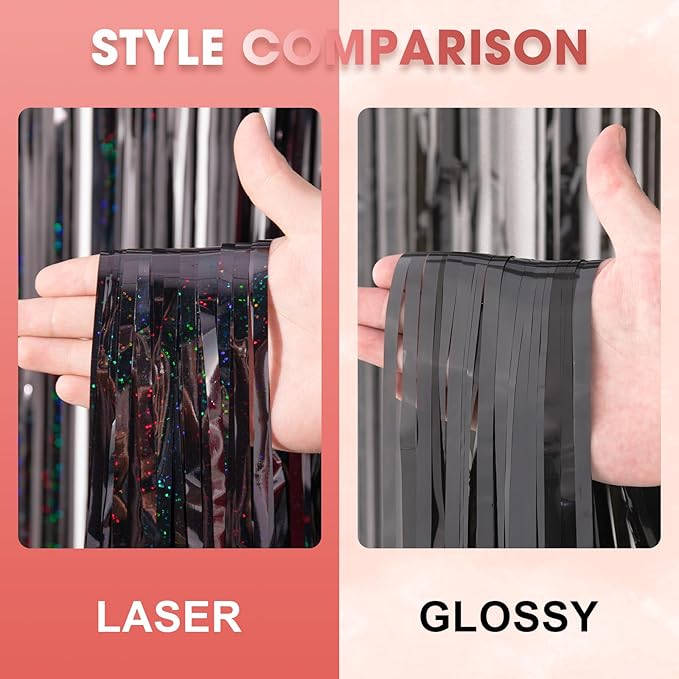 3 Pack 3.3 x 8.2 ft Laser Black Foil Fringe Backdrop Curtains, Tinsel Streamers - Image 3