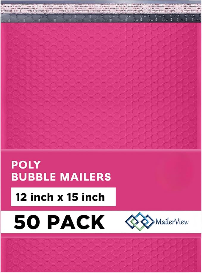 Hot Pink Large Poly Bubble Mailers 12x15 inch | Self Seal Padded Envelopes by MAILERVIEW