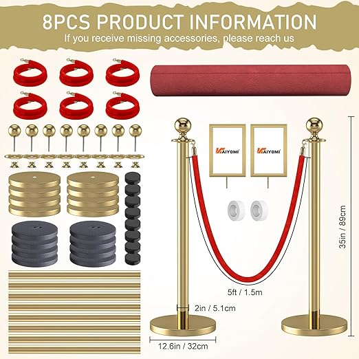 kaiyomi 8Pcs Stanchions Posts Velvet Ropes - Image 2