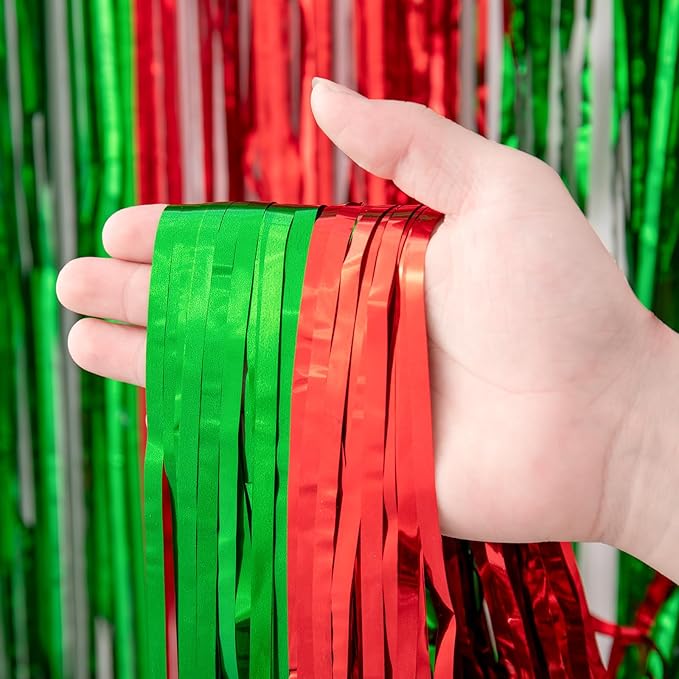 3 Pack 3.3x8.2 Feet Red and Green Foil Fringe Backdrop Curtains, Tinsel - Image 2