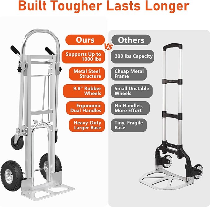 1000 LBS Dolly Cart with Wheels, 4 in 1 Folding Hand Truck, Stainless Steel - Image 2