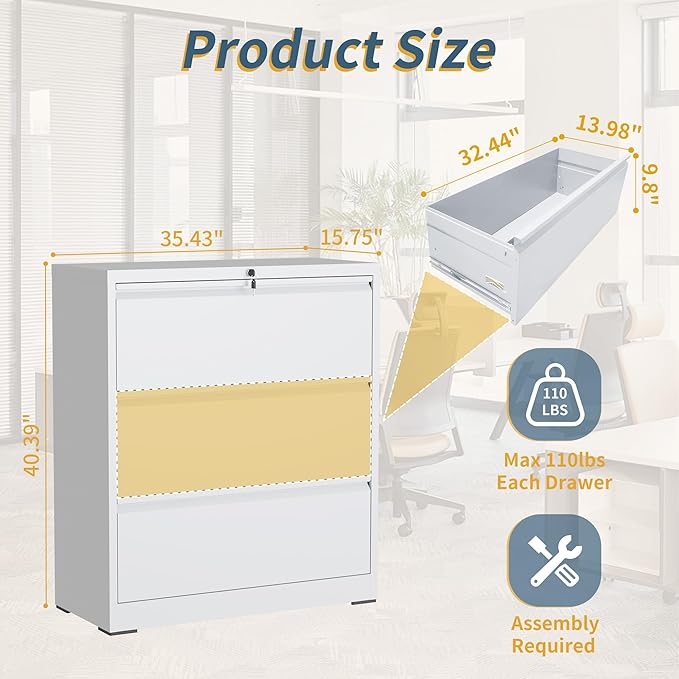 3 Drawer File Cabinet with Lock, Lateral Filing Cabinets, Metal Storage Filing - Image 3