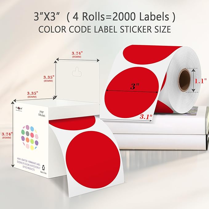 PARLAIM 3" Diameter Round Red Color Coding Sticker, 4 Rolls 2000PCS Circle Dot - Image 2