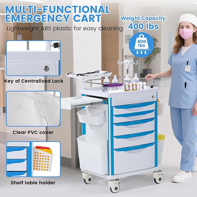 5-Tier Medical Cart, Hospital Emergency Rolling Crash Carts - Image 6