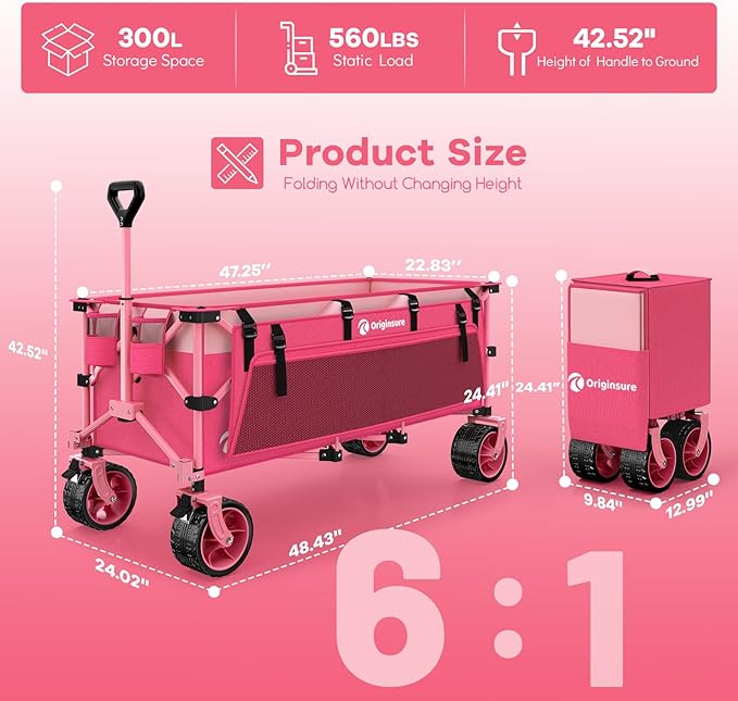 48" L Collapsible Wagon Cart Foldable, 560lbs Weight Capacity 300L Heavy Duty - Image 2