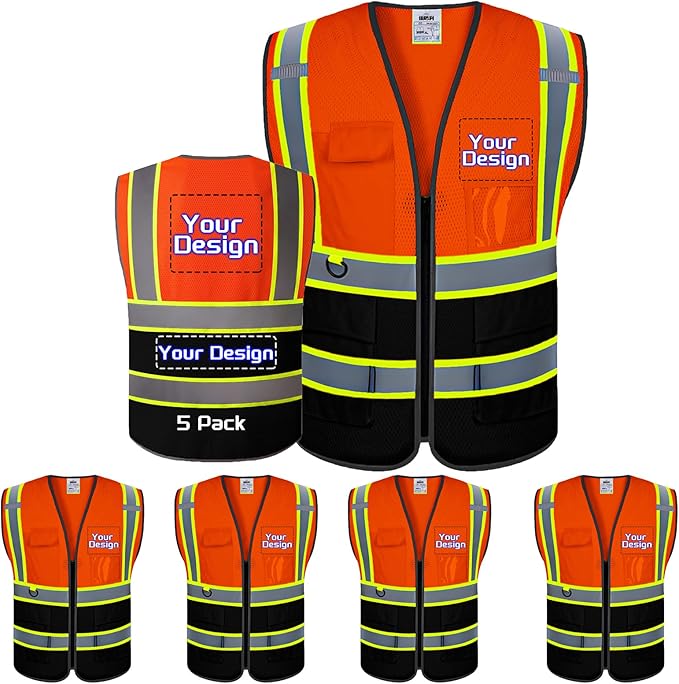 Custom Safety Vest with Logo Pockets High Visibility Reflective Vests by CustomTok