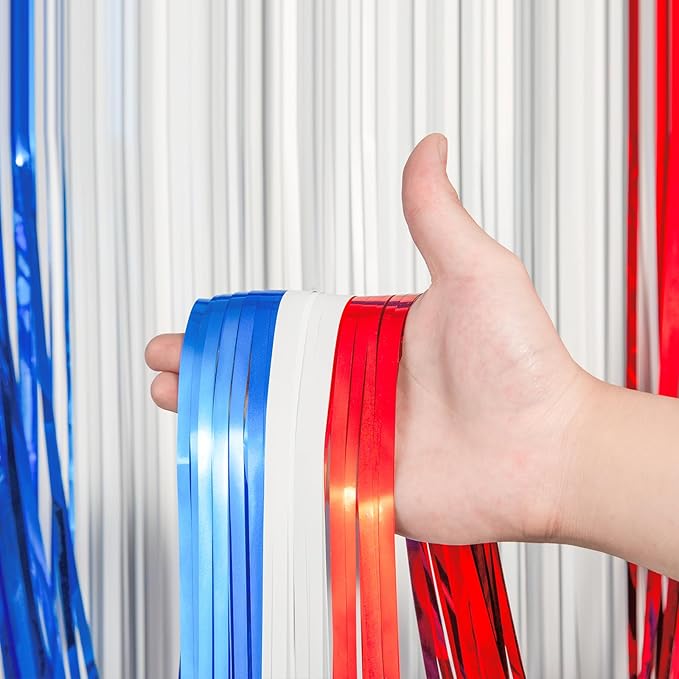 3 Pack 3.3 x 8.2 ft Red White and Blue Foil Fringe Backdrop Curtains, Tinsel - Image 2