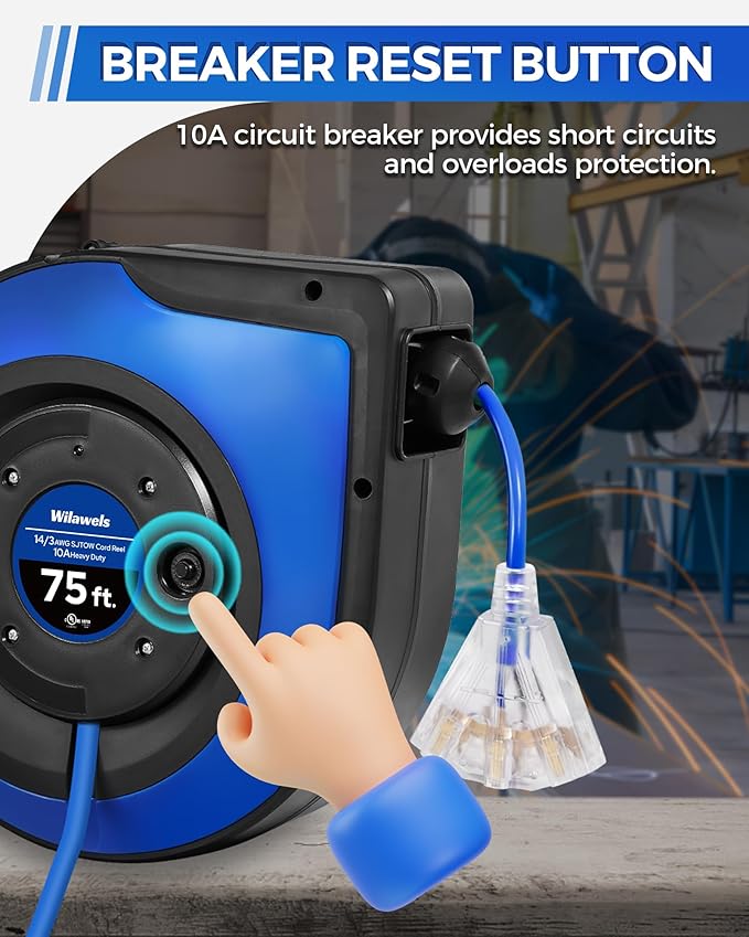 Retractable Cord Reel, 75 FT Heavy Duty Extension Cord, 14AWG/3C SJTOW - Image 5