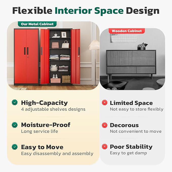 Greenvelly 63" H Metal Storage Cabinet Black Red, Locking Metal Cabinet - Image 6
