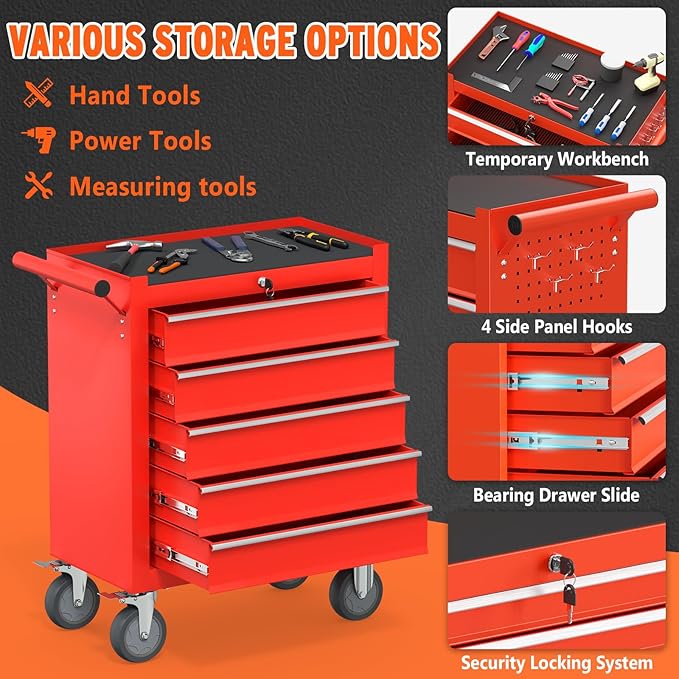 5 Drawers Rolling Tool Chest, Large Capacity Metal Tool Box - Image 6