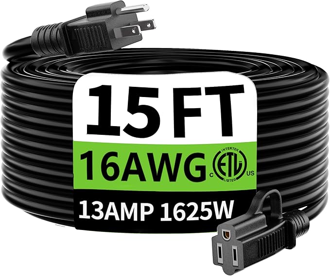 HUANCHAIN Indoor Outdoor Black Extension Cord 15 ft Waterproof, 16/3 Gauge by huanchain