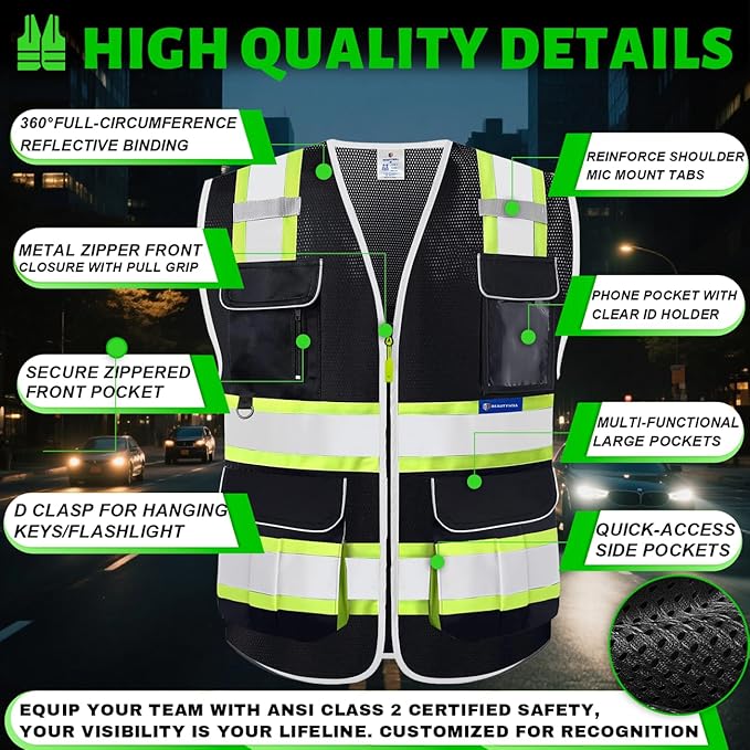 BeautyWill 5 Pack Safety Vest Class2 ANSI Certified Custom Logo High Visibility - Image 5