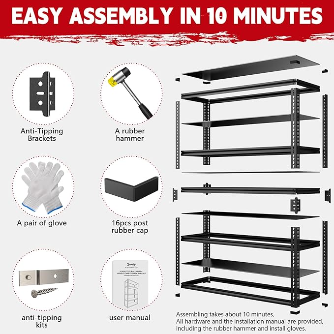 Heavy Duty Garage Shelving, 5-Tier Storage Rack 3000LBS Capacity 48" W x 72" H - Image 8