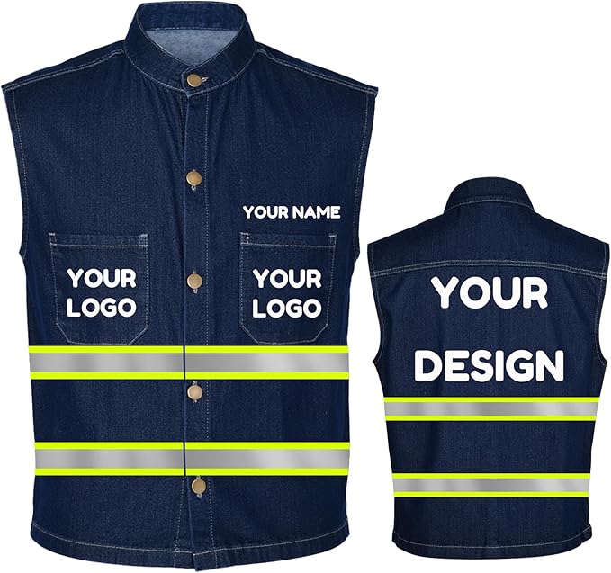 YOWESHOP Men's Reflective Safety Denim Vest，Custom Safety Outdoor Denim Work by YOWESHOP
