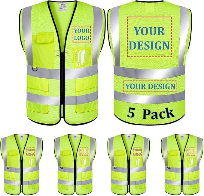 BeautyWill 5 Pack Custom Logo Mesh Safety Vest Class2 High Visibility by BeautyWill