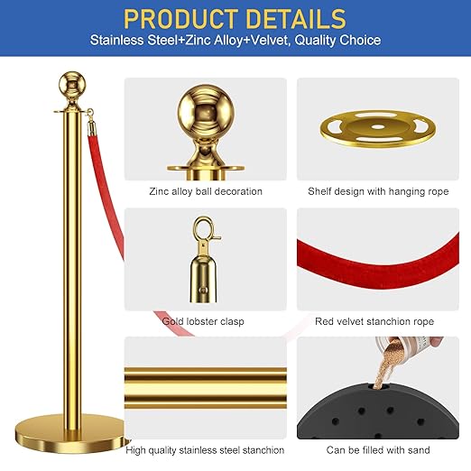 4 PCS Stanchions and Velvet Ropes, Stainless Steel Poles - Image 4