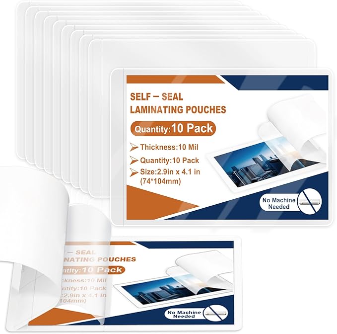 10 Pack 10 Mil 2.9"x4.1" Self Sealing Laminating Pouches Plastic Laminating by Unknown