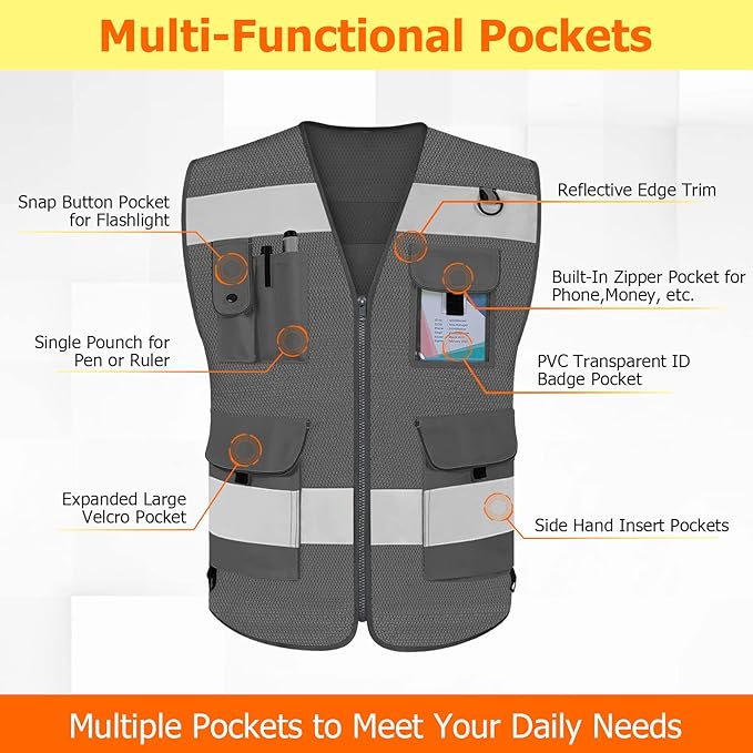 TCCFCCT Mesh Work Vest for Men Women 9 Pockets High Visibility Safety Vest - Image 3