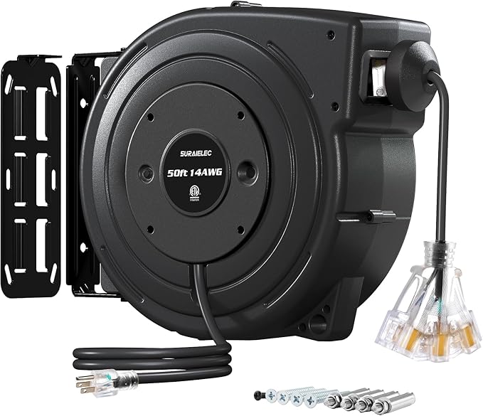SURAIELEC 50FT Retractable Extension Cord Reel, 14AWG/3C SJTOW Heavy Duty Power by SURAIELEC