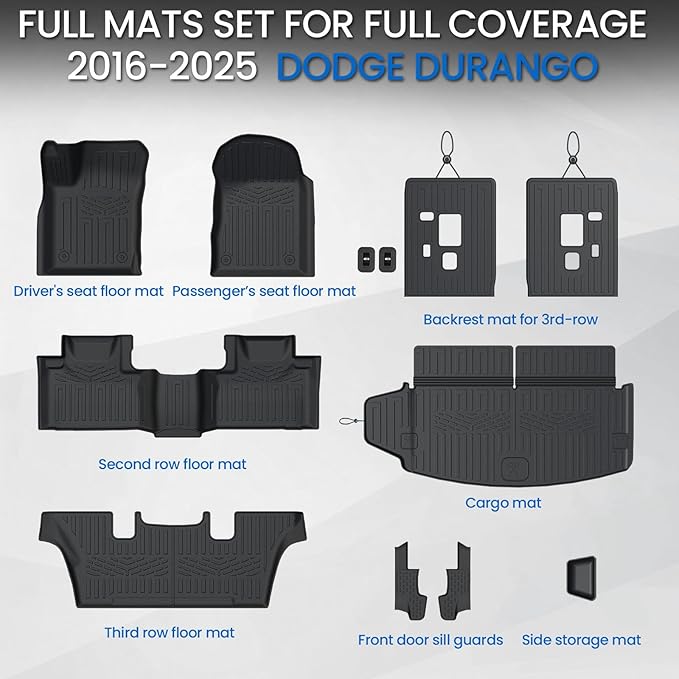 Floor Mats Set for 2016-2026 Dodge Durango, All Weather TPE Backrest Mat Trunk - Image 9