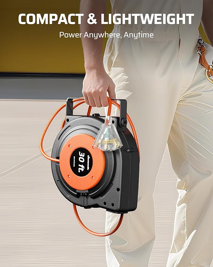 DEWENWILS 30FT Retractable Extension Cord Reel, 16/3C SJTW Heavy Duty Power Cord - Image 5