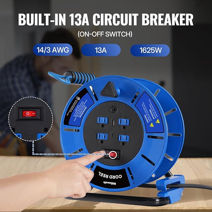 80 FT Retractable Extension Cord Reel, 14AWG Heavy Duty Power Cord - Image 3