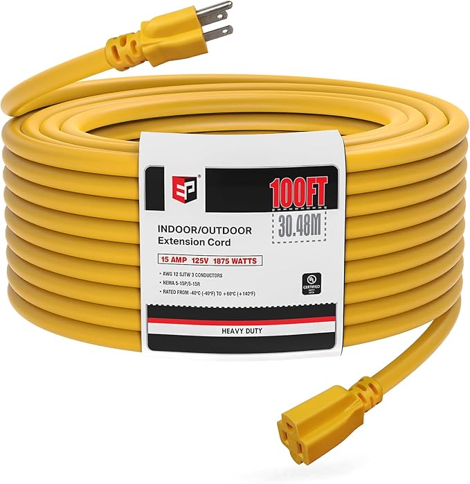 EP 100 Ft Outdoor Extension Cord, 12/3 SJTW Heavy Duty Extension Cable by ENERGYPRO