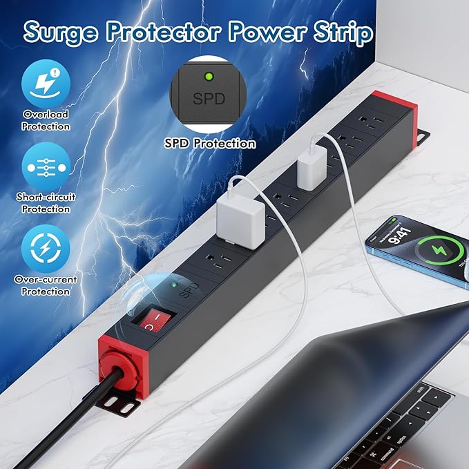 8 Outlet Rack Mount PDU Power Strip, 1200J Surge Protection & 15A Overload - Image 4