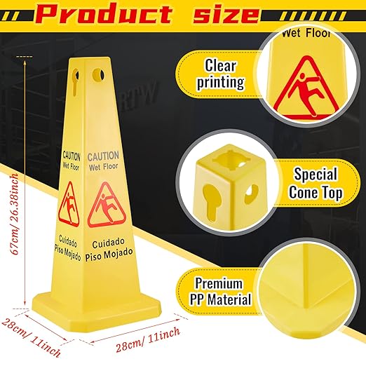 Floor Safety Cone Yellow Caution Wet Floor Sign 4 Sided Wet Cone Sign Public - Image 2