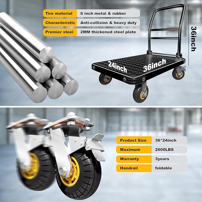 Heavy Duty Platform Truck Flat Cart Hand Trucks, 1500 to 2000Lbs Steel Push - Image 4
