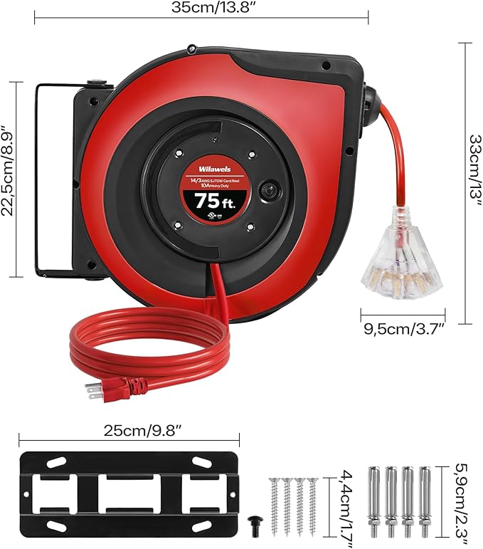 Retractable Extension Cord Reel, 75 FT Heavy Duty Extension Cord, 14AWG/3C SJTOW - Image 8