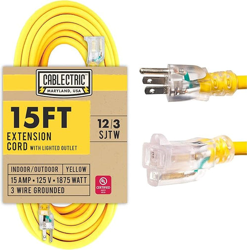 15 Ft Outdoor Extension Cord - 15 Amp 12/3 SJTW Heavy Duty Yellow 12 Gauge by Cablectric