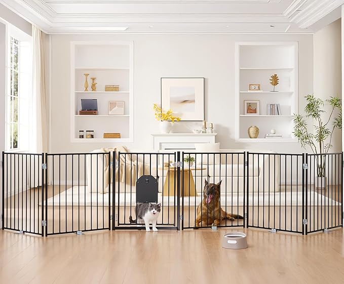 No Pawblems Dog Gate with Cat Door, Free Standing 30'' Tall Foldable Dog Fence by NoPawblems