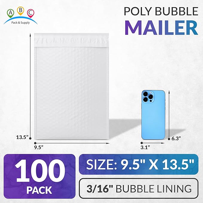 ABC PACK & SUPPLY Poly Bubble Mailers, 9.5 x 13.5 Inch. Pack of 100 White - Image 2
