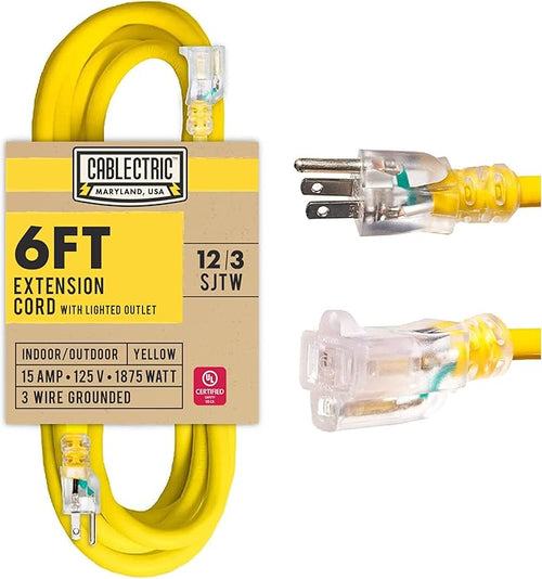 12 Gauge Outdoor Extension Cord 6 ft, 12/3 Heavy Duty Extension Cord 3 Prong by Cablectric