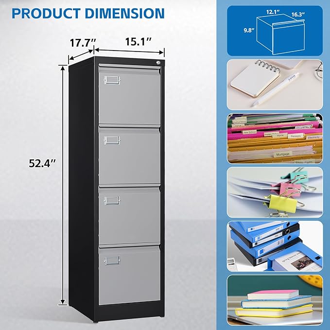 4 Drawer File Cabinet with Lock Metal Vertical Filing Cabinet Office Home - Image 2