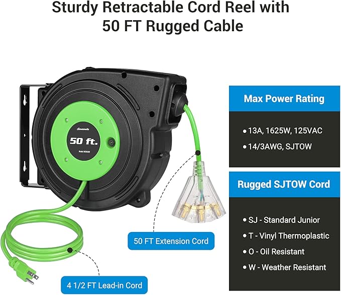 DEWENWILS Retractable Cord Reel, 50FT Extension Cord Reel, 14AWG/3C SJTOW - Image 4
