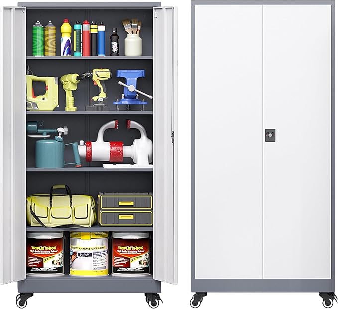 Metal Storage Cabinet with Wheels, Tall Garage Storage Cabinet with 4 - Image 3