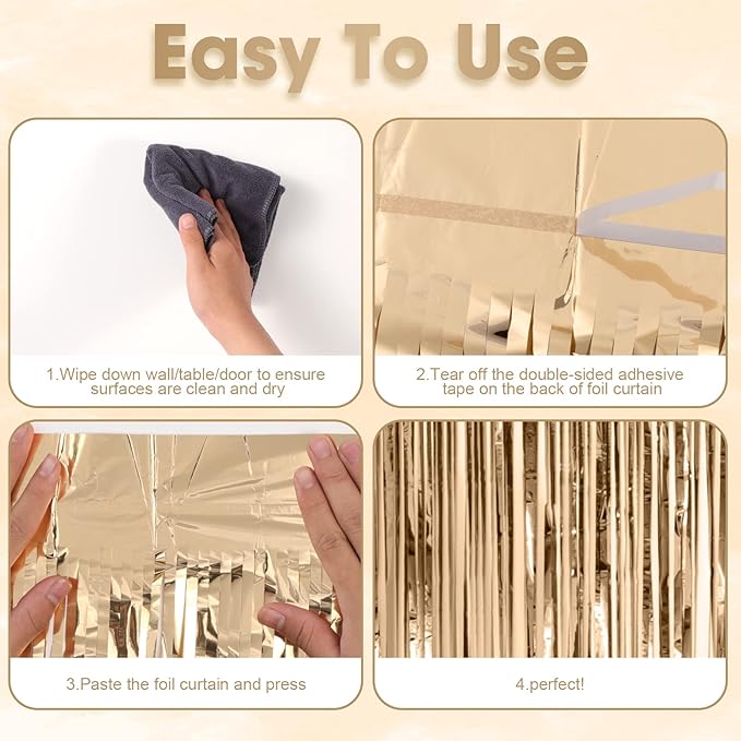 3 Pack 3.3x8.2 Feet Champagne Foil Fringe Backdrop Curtains, Tinsel Streamers - Image 4