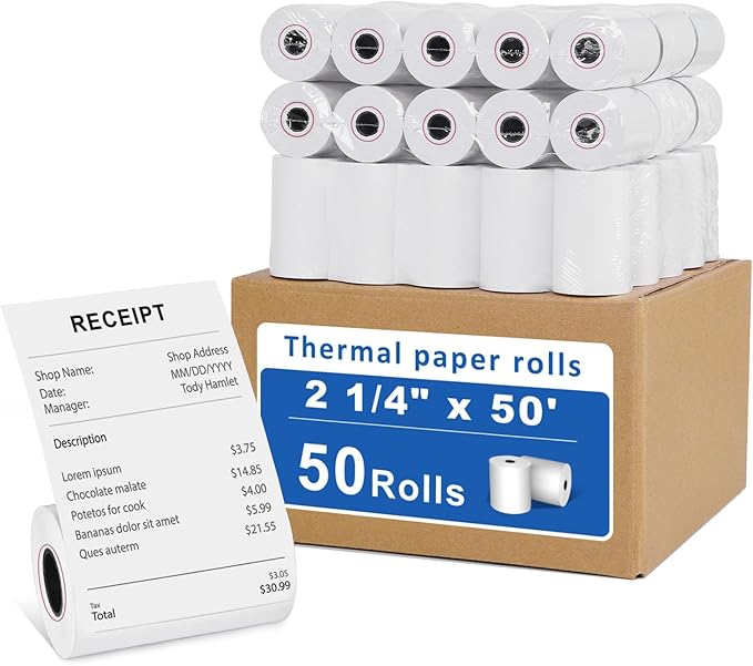 50 Rolls- 2 1/4 X 50 Thermal Receipt Paper Rolls- Fits All Pos Cash Registers by Razuvo
