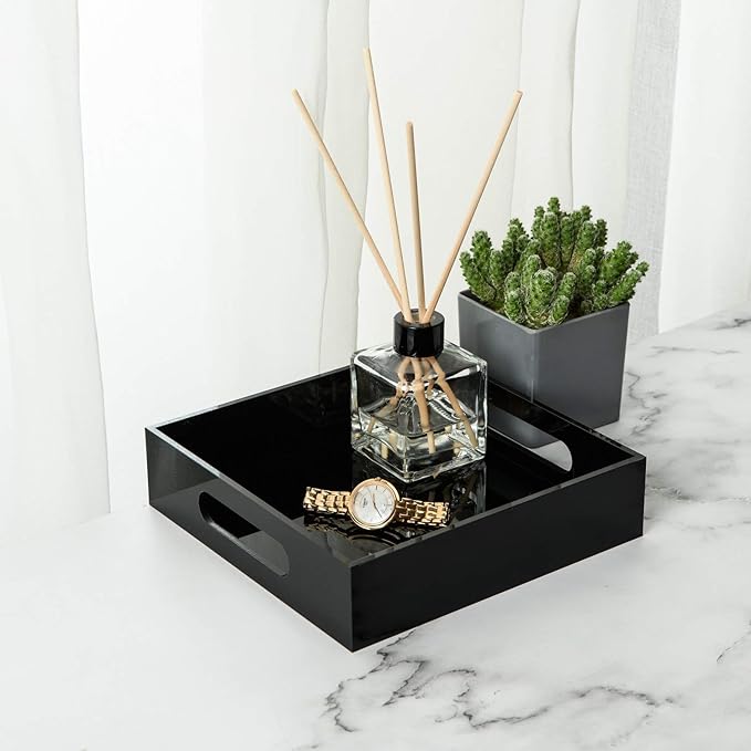 Black Sturdy Acrylic Tray with Handles-8x8 Inch- Countertop Organizer Tray - Image 4
