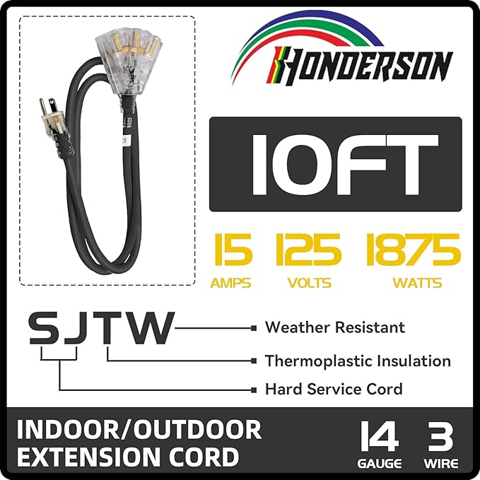3-Outlets Indoor Outdoor Extension Cord Weatherproof - Image 2