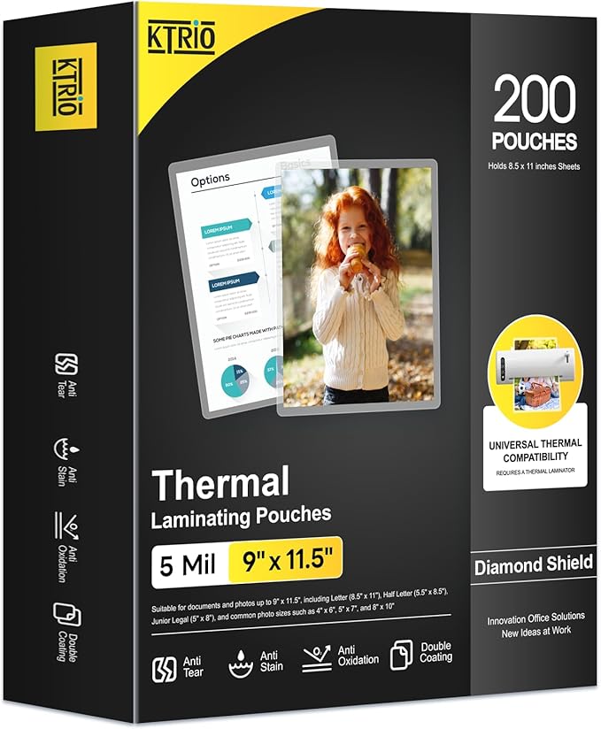 KTRIO 5 MIL Laminating Sheets, Hold 8.5 x 11 Inches, 200 Pack Thermal by KTRIO