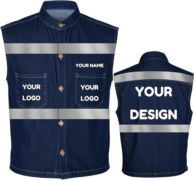 YOWESHOP Men's Reflective Safety Denim Vest，Custom Safety Outdoor Denim Work by YOWESHOP