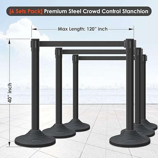 6 Pack Premium Crowd Control Stanchion Set, Heavy-Duty Base, Safety Rope - Image 3