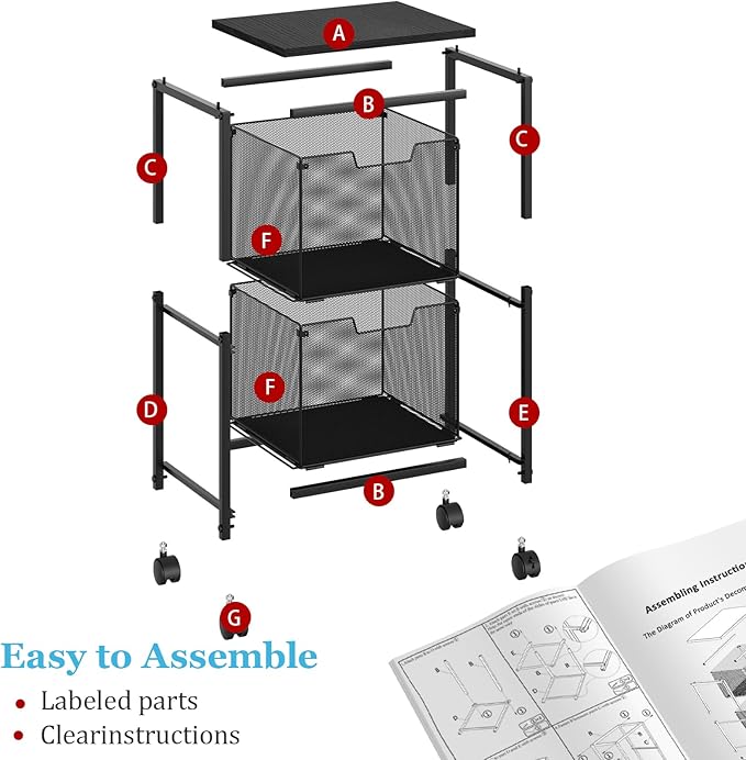 Rolling File Cart with 2 Storage Drawers, File Cabinet with Wheels, Hanging - Image 8