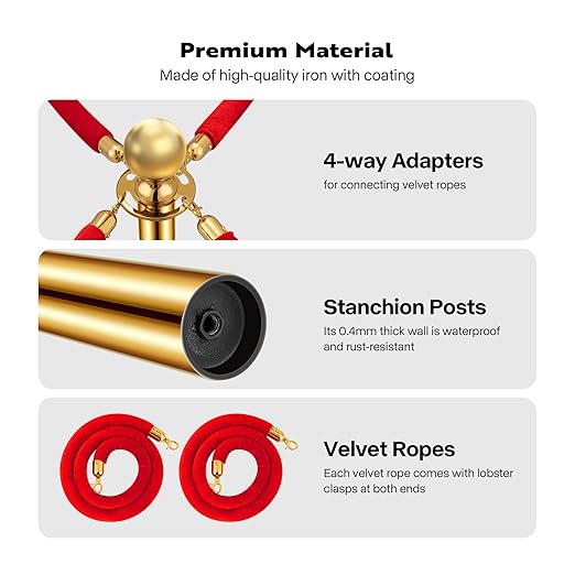 VIVOHOME Stainless Steel Stanchion Post Queue 4PCS Pole w/ 2 Red Velvet Ropes - Image 5