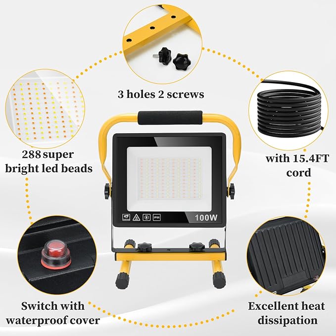 100W Led Work Light, 3000K/5000K/6500K Selectable Work Light, 10000LM Portable - Image 4