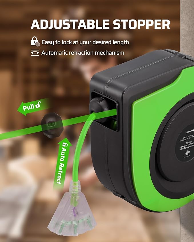 DEWENWILS Retractable Cord Reel, 60FT Heavy Duty Extension Cord, 12AWG/3C SJTOW - Image 4